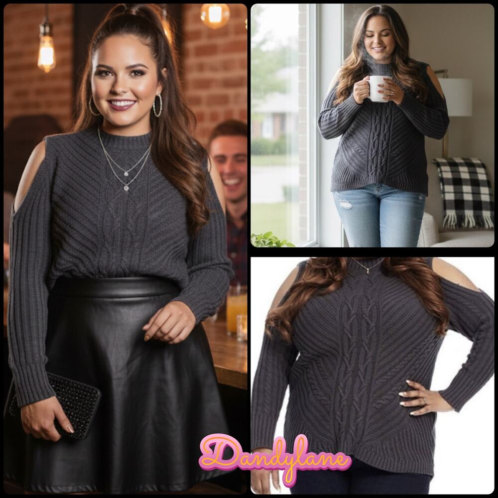 Jessica Simpson  Gray Cable knit  Cold shoulder long sweater Plus Size 3x